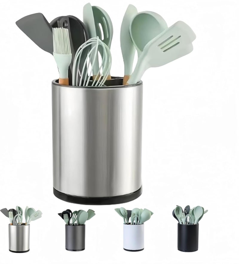 kitchen Utensil Holder, Extra Large 360 Degree Rotating For Counter Organizer, Stainless Steel Storage Cooking Silverware, Flatware 3 Compartment Flatware Spoon Spatula